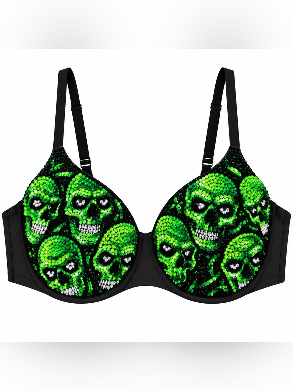 42D Green Toxic Skull Design Rhinestone Crystal Glam Bra New